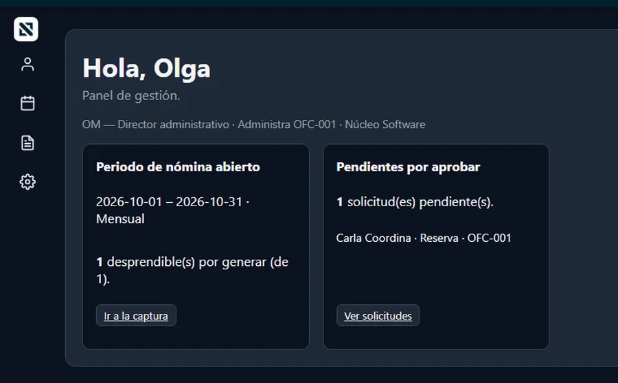 Panel de inicio de gestión en GOALIND con el periodo de nómina abierto y las solicitudes pendientes por aprobar