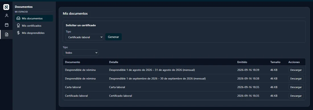 Pantalla Mis documentos en GOALIND con el formulario de solicitud de certificados y una lista de desprendibles de nómina, carta laboral y certificado laboral